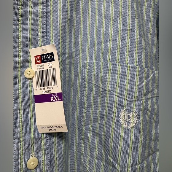 Chaps Men’s XXL Basic Blue/Green Striped Long Sleeve Cotton Button Downn Shirt - Picture 2 of 10